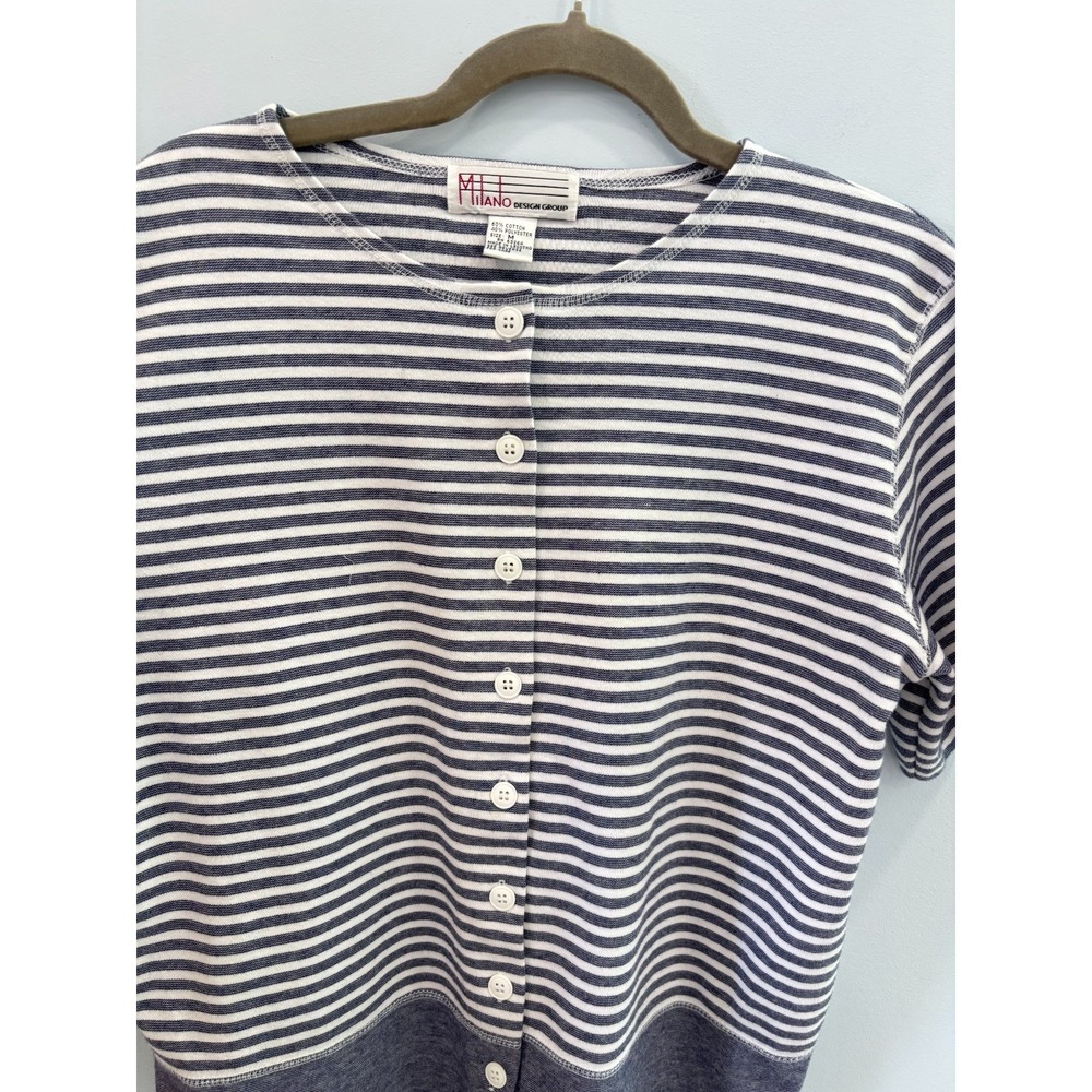 Milano Design Group Medium Striped Button Front Top Cotton Blend Blue - Picture 3 of 9